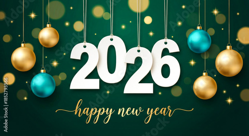 Happy New Year 2026 Celebration Background with Hanging Christmas Ornaments on Green Bokeh