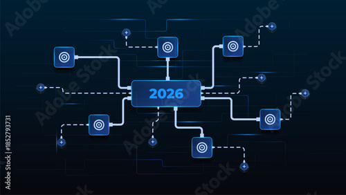 Business roadmap to 2026 milestone concept. workflow diagram network strategy business journey representing target, management, objective and goal achievement.