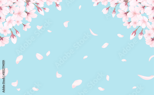桜_手描き_花びら背景_横_桜と舞う花びらと青空