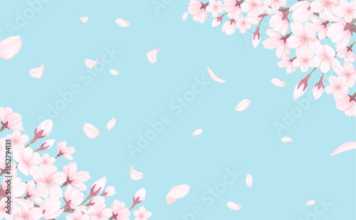 桜_手描き_花びら背景_横_桜上下と舞う花びらと青空
