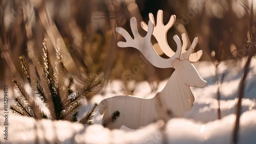 Magical Wooden Reindeer Decoration in Snowy Winter Forest, Festive Light