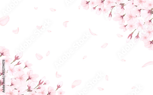 桜_手描き_花びら背景_横_桜上下斜めと舞う花びら