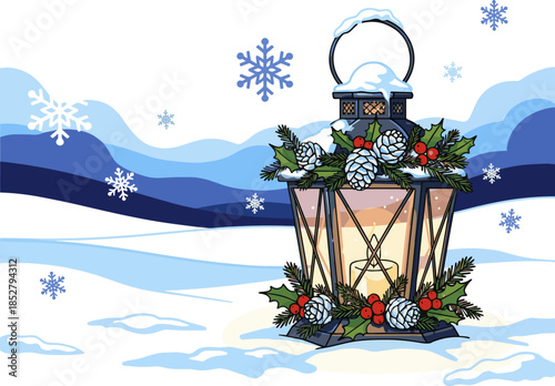 Create a Christmas Lantern On Snow With Decorations In Abstract Cold Night vector art with white background..