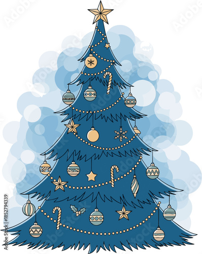 Create a Christmas Tree - Ornaments Hanging Fir At Blue Eve Night With Abstract Bokeh Lights vector art abstract with white background..
