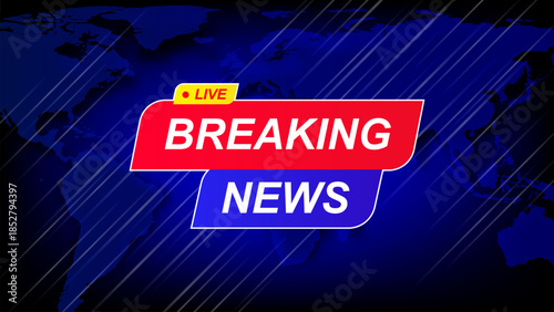 Breaking news screen banner, with globe world map, Blue color template design widescreen ratio 16:9 with Live icon, vector illustration for news channels, social media or internet television broadcast