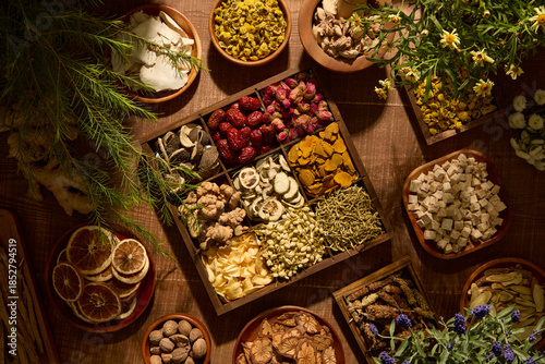 Konstfotografi This photo shows a square arrangement of herbal ingredients and wooden trays