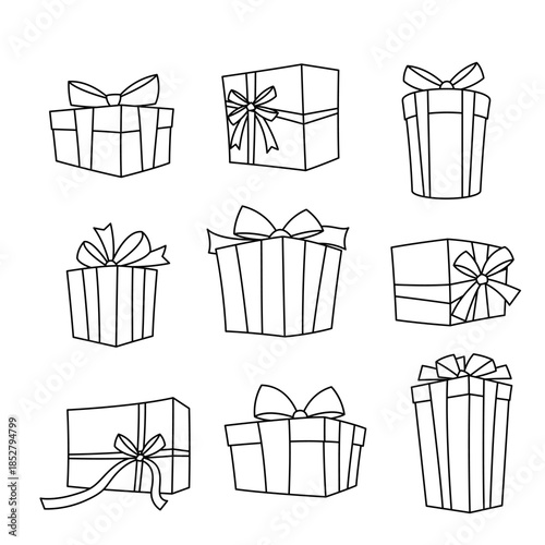 Illustration of gift box. Black line presents gift boxes for celebration, discounts or promotions.