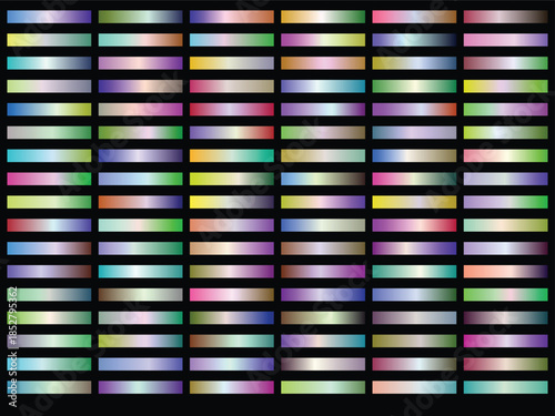Chromatic metallic gradient palette swatches, iridescent texture background for modern graphic design projects, pastel hues and shiny effects