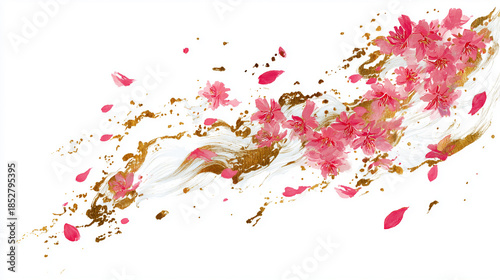 白背景に金の筆跡と桜が舞う、華やかで高級感あふれる和モダン背景