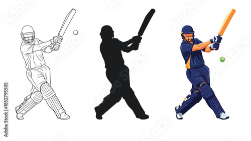 Cricket batsman hitting ball line art, silhouette and full color illustration set