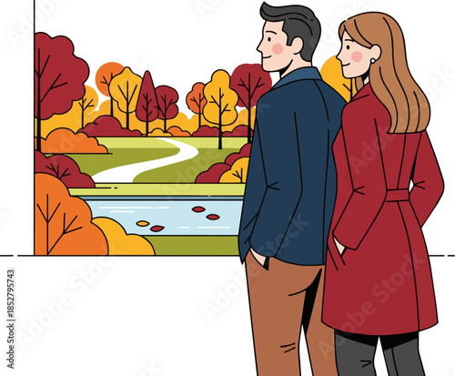 Create a Man and a woman admiring a view in a park in autumn vector art with white background.