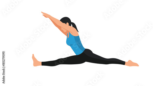 Woman performing a yoga split pose, stretching legs and arms forward, illustration of fitness and flexibility
