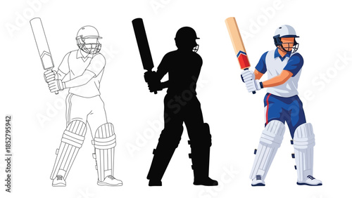 Cricket batsman in three styles outline, silhouette and full color illustration