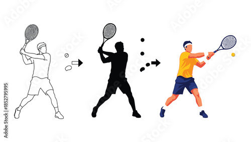 Tennis player hitting a forehand serve with racket, showing outline, silhouette and full color illustration progression