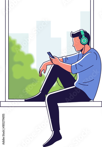 Create a Man with headphones sitting on a window sill and listening to music vector art with white background..