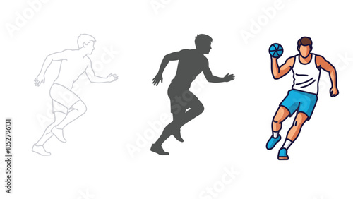 Set of three running man icons outline, silhouette and full color illustration holding a ball, sports concept