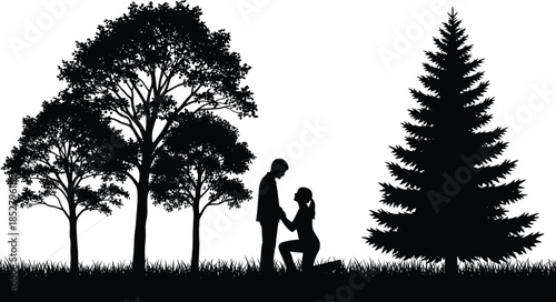Black silhouette vector illustration of two hikers with backpacks trekking past forest trees and grass isolated on a white background