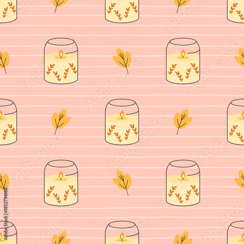 Cozy seamless pattern with candle and leaf on pink bg, warm autumn mood. Ideal for stationery, wrapping, fabric and seasonal designs