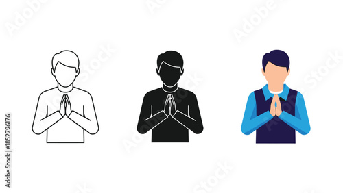 Set of three icons representing a man greeting with hands pressed together in prayer or respect gesture, namaste or wai, line art, solid silhouette and color illustration