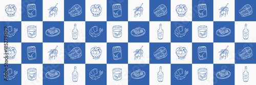 Seamless pattern with Mediterranean food icons arranged in blue and white tiles. Italian cuisine bg with seafood, olives, lemon drinks, lasagna, salmon, sardine, for packaging, textiles and decor