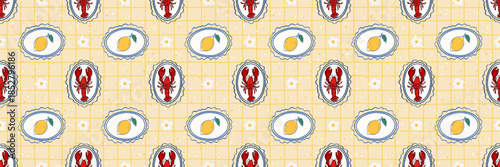 Seamless Mediterranean seafood pattern with red lobster plates and yellow lemons. Decorative repeat for kitchen textiles, table linens, packaging and restaurant design