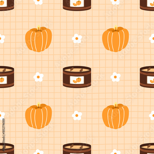 Pumpkin candle seamless pattern with cute orange pumpkins, soft stripes and flower. Perfect for cozy autumn decor, Halloween, Thanksgiving Day, wrapping paper and seasonal designs
