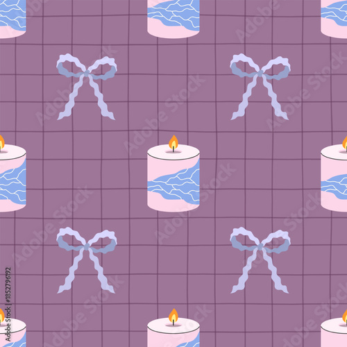 Soft lavender candle pattern with delicate blue bows on a muted grid background. Ideal for stationery, textiles and wrapping