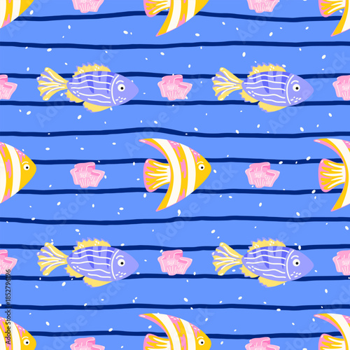 Seamless pattern with tropical fish and coral on blue background. Playful underwater design for kids textiles, wrapping paper, and summer beach themes