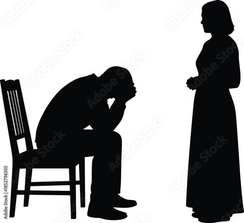 Silhouette of depressed man sitting on chair with head in hands and woman standing nearby vector illustration isolated on white