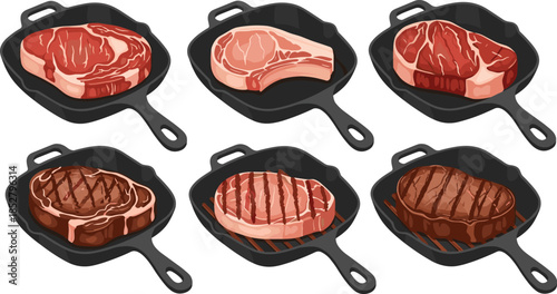 Set of Raw and Grilled Beef Steaks in Cast Iron Skillet Pans Vector Illustration for Barbecue Menu and Kitchen Design