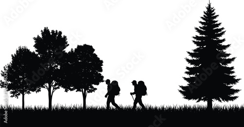 Silhouette of romantic couple proposing in nature park landscape with trees and grass vector illustration isolated on white background