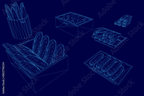 A wireframe set of bakery products, including french fries, arranged on a blue background in an aesthetically pleasing geometric pattern.