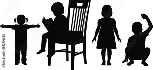 Vector collection of black silhouettes of children playing, standing, crouching and reading a book on a chair isolated on white