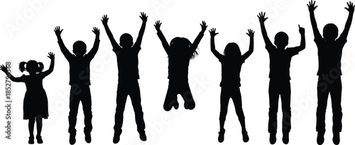 Vector set of black silhouettes of happy little children jumping and playing with hands raised isolated on white background