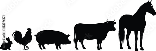 Vector collection of black silhouettes of farm animals including rabbit, rooster, pig, cow and horse standing isolated on white