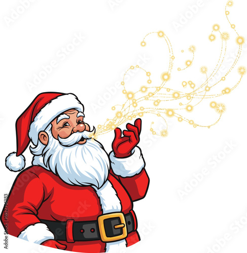 Create a Santa Claus Blowing Magic Christmas Lights In Golden vector art with white background.