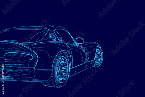 Blueprint of a sleek sports car with detailed contours and aerodynamic curves. The technical drawing is isolated on a solid blue background for high contrast.