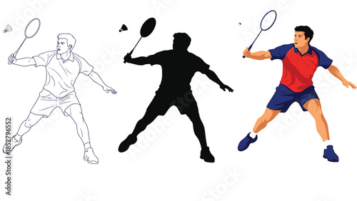 Badminton player serving or hitting shuttlecock, set of three variations line art, silhouette and full color illustration