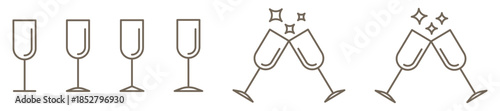 Party glasses line icon set isolated on a transparent background. Festive drink symbols for celebrations, events, and social gatherings. Clean outline style with editable stroke, perfect for holiday, 