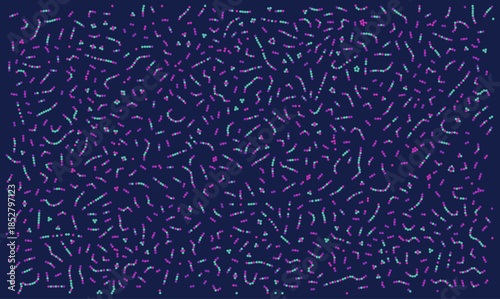 Futuristic abstract technology vector background featuring chaotic flows of teal and purple particles on dark blue representing big data analysis, molecular biology structures or digital noise