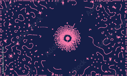 Abstract vector background with pink biological cells or bacteria dots on dark blue. Scientific medical illustration of microscopic life and virus texture. Digital technology particle pattern design.