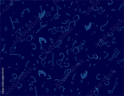 An animated musical skeleton explodes from a blue background patterned with symmetrical instruments. The contour lines of a guitar, saxophone, drum set, and tambourine create a dynamic and visually.