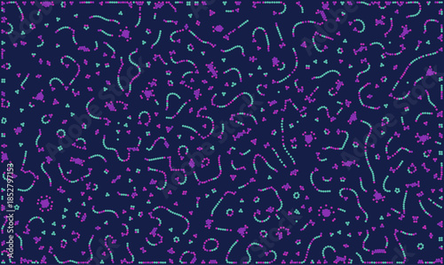 Abstract vector background featuring chaotic chains of purple and cyan dots on dark blue. Scientific illustration concept representing biological DNA strands, microbes, or medical research data flow.