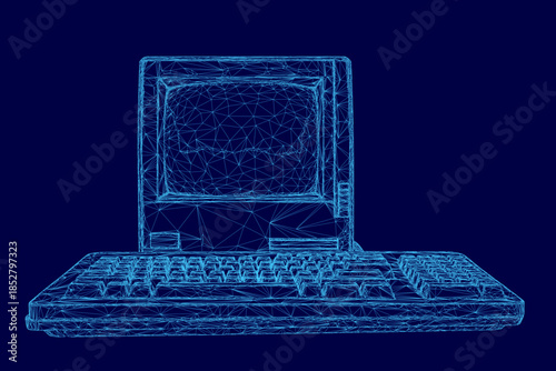 A retro laptop computer rendered in detailed 3D wireframe style sits on a solid blue background, evoking a classic digital workspace aesthetic.