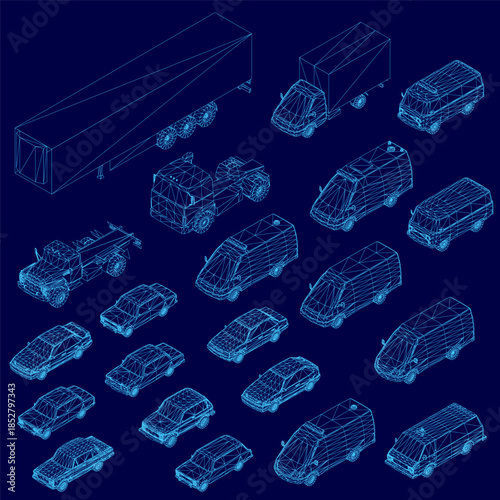 Blueprint wireframe set of various cars and trucks arranged in grid pattern on solid blue background. Each vehicle features unique minimalist design with clean lines for high contrast. Isometric view
