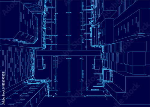 A detailed blue blueprint of a data center building, showing server boxes and network connections within an urban street scene contour.