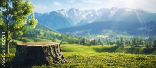 Wallpaper Mural Empty tree stump pedestal in vibrant green meadow with blurred mountain range and sunny blue sky background. Torontodigital.ca