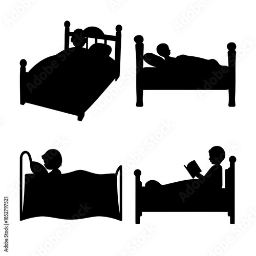 Resting and sleeping people in bed silhouette icons vector