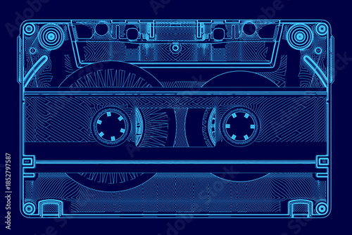 A blue cassette tape with a clean white contour rests on a dark blue background. The stark color contrast creates a bold and minimalist retro aesthetic.