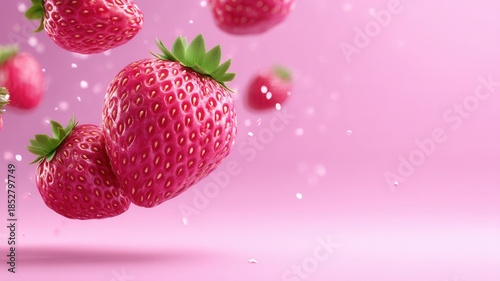 Fresh red strawberries floating and falling against a vibrant pink background, symbolizing and eating healthy fruit delicious